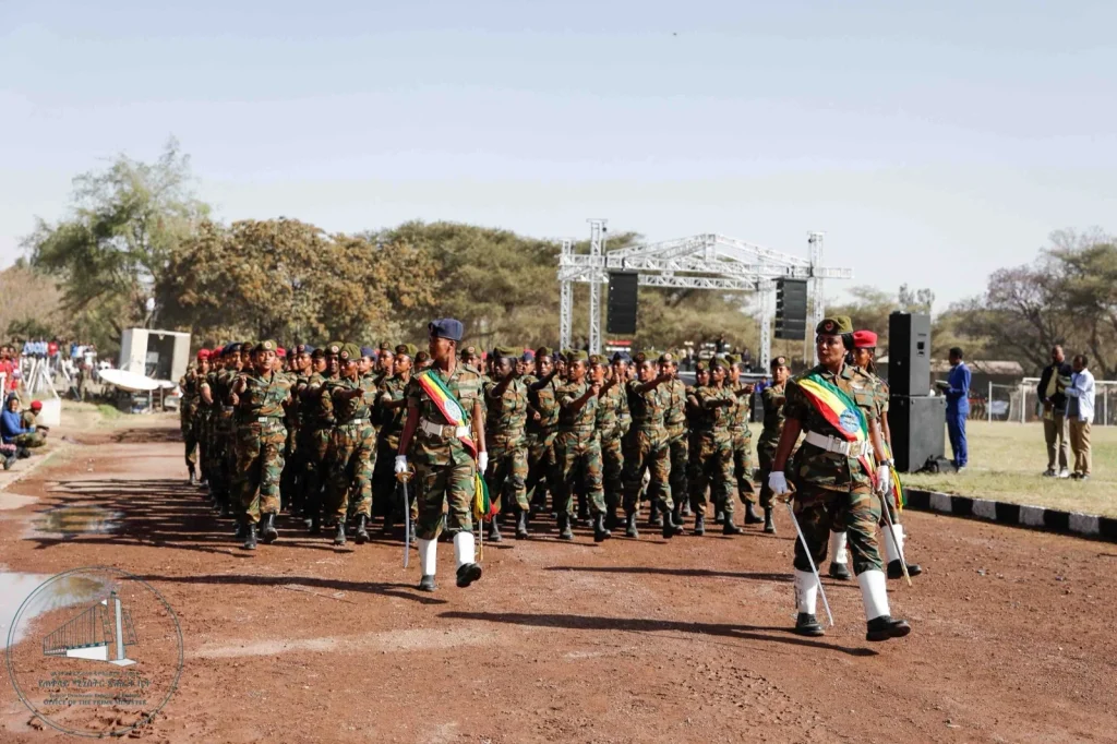 Ethiopian National Defence Force soldiers marching in a military parade