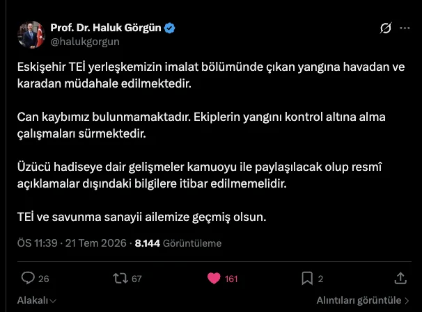 TEI’de yangın: Haluk Görgün’den resmî açıklama — ‘Can kaybı yok’