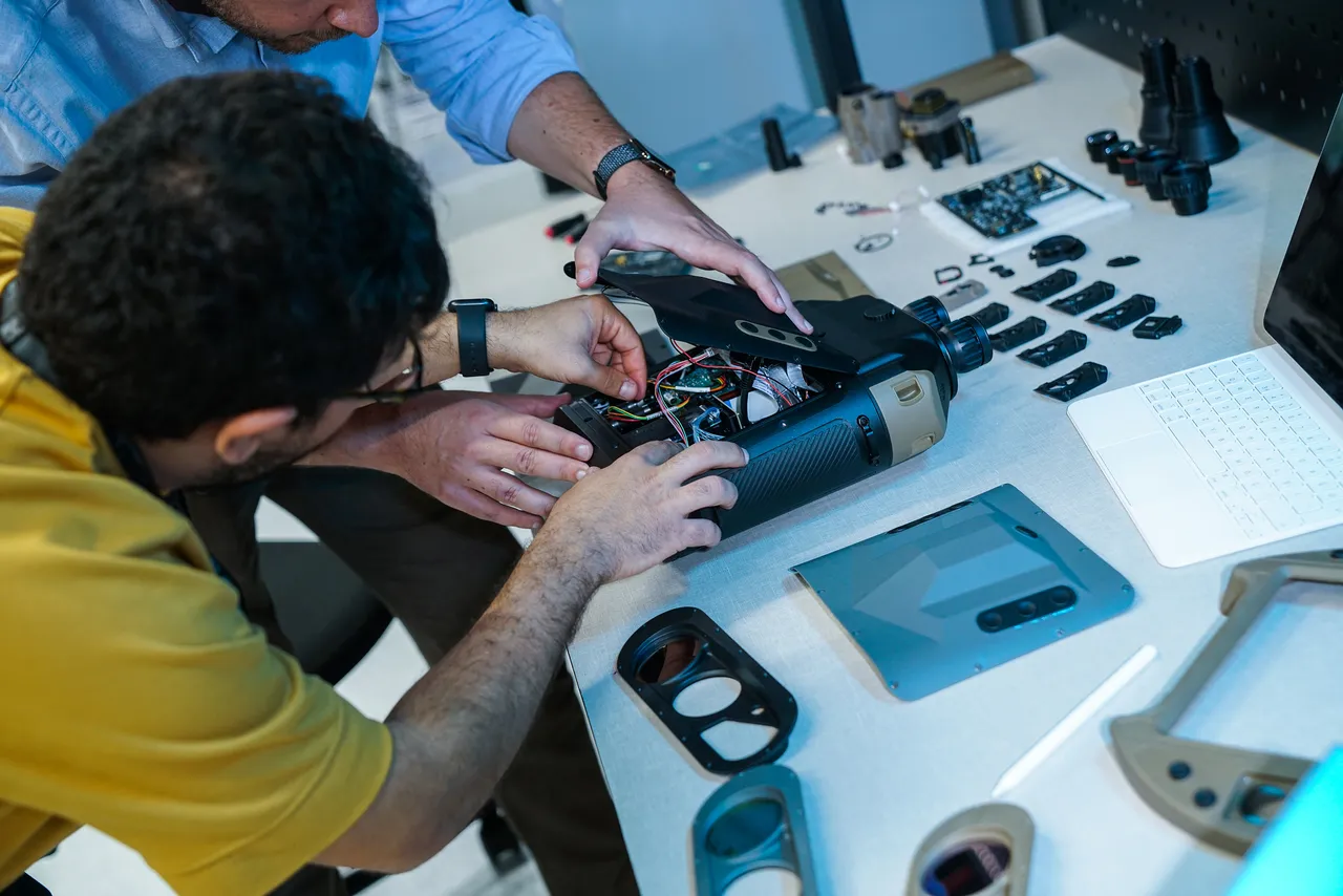 Engineer performing precision optical bench alignment in the 3E optics laboratory