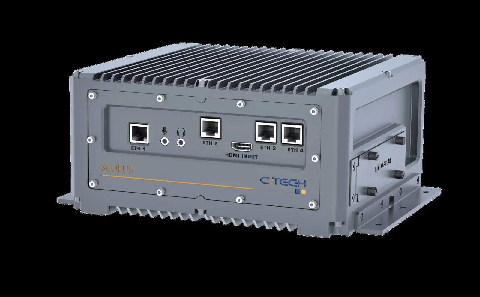 SCOFUS cihazının Ethernet portlu ön panel render görseli