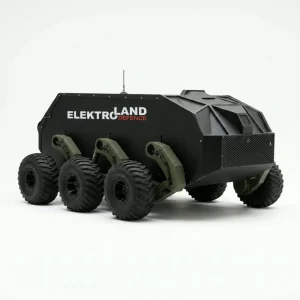 Elektroland Defence markalı, siyah-yeşil renkli bir 6x6 platformun stüdyo tanıtım görseli, gövdesinde "ELEKTROLAND DEFENCE" yazısı