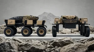 İki adet Elektroland 6x6 platformu stüdyo ortamında yan yana, kamuflaj örtülü, dağ manzarası arka planda