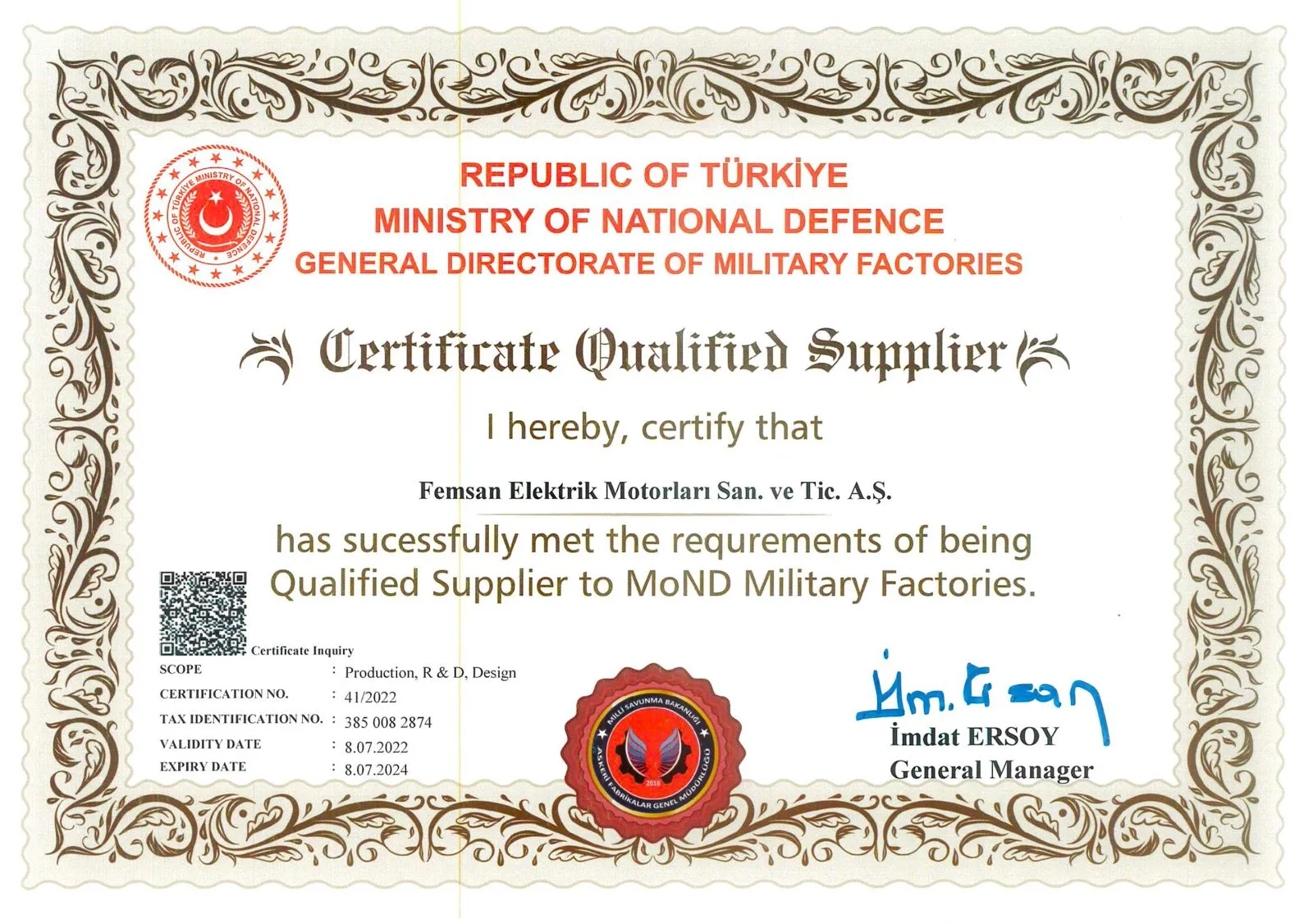 FEMSAN'ın askeri fabrikalar tedarikçi belgesi