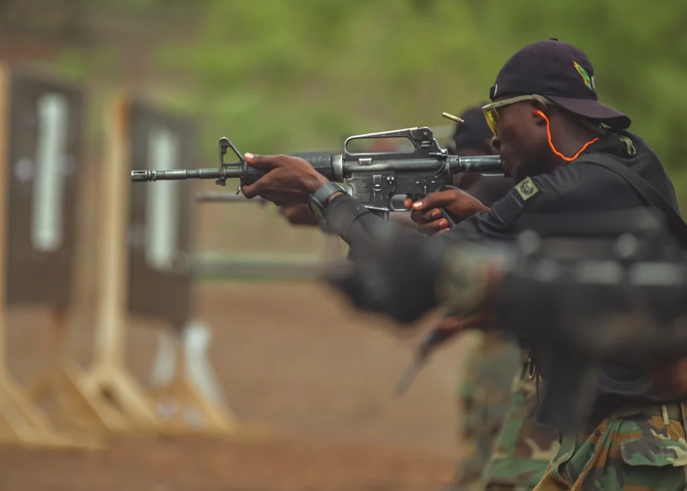 Ghana Armed Forces member firing during weapons training at Exercise Flintlock 24