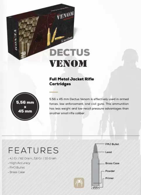 Box and rounds of Medef Dectus 5.56x45mm rifle ammunition
