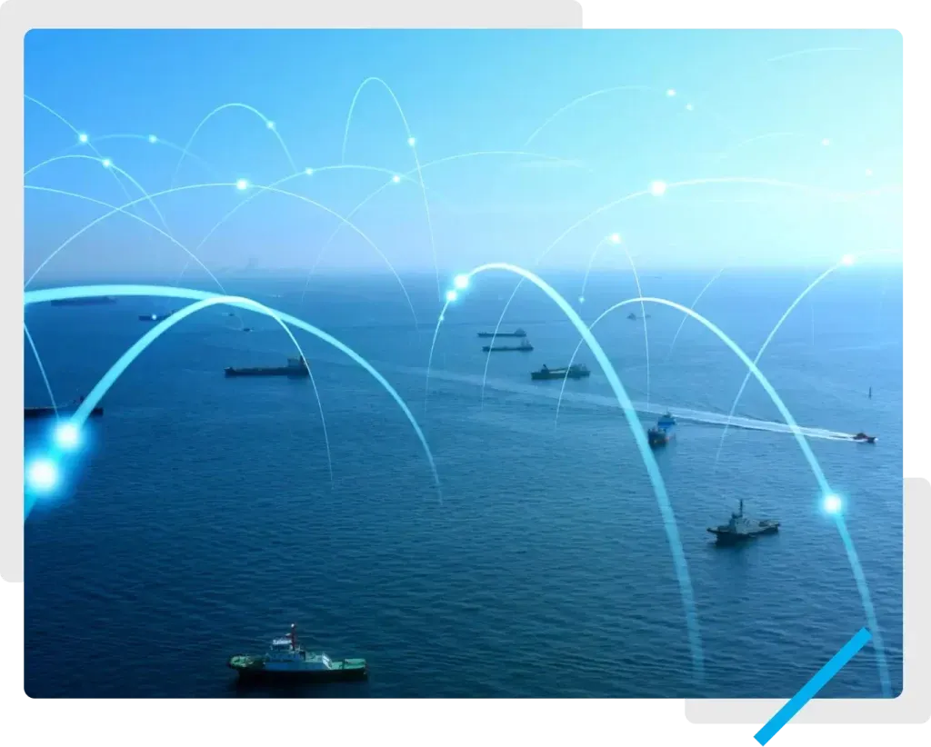 Imagen conceptual que simboliza los enlaces de red entre buques en tráfico marítimo