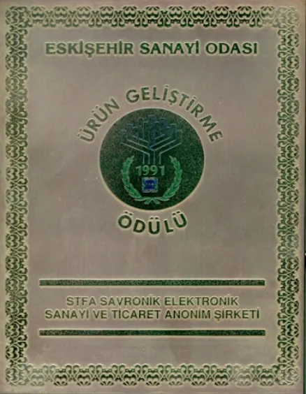Eskişehir Sanayi Odası 1991 Ürün Geliştirme Ödülü plaketi, STFA Savronik unvanıyla