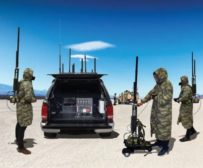 SDT manpack RF jammer system with its carrying rig