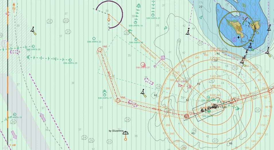 SimBT elektronik harita ve ARPA radar simülatörü ekranı; harita üzerinde hedef izleri ve mesafe halkaları