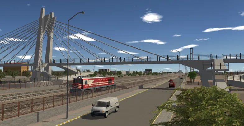 SimWorld and SimEdit: SimBT's software infrastructure 5 Three-dimensional virtual environment combining a suspension bridge, an overpass, a railway, a locomotive and a road