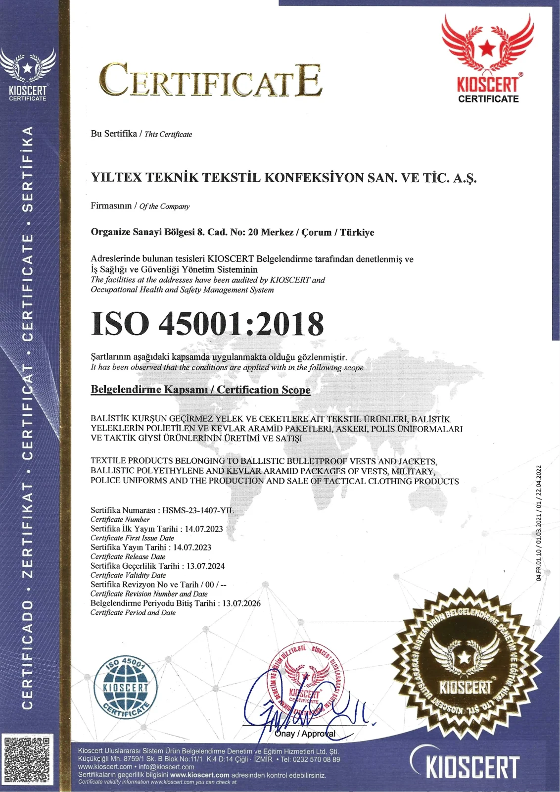 What is Yiltex Armor? Çorum-based ballistic protection brand 6 ISO 45001:2018 Occupational Health and Safety Management System certificate, KIOSCERT-approved