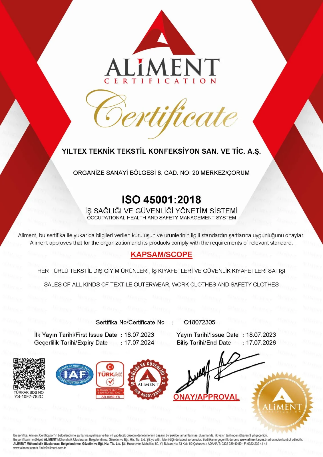 ISO 45001:2018 İş Sağlığı ve Güvenliği Yönetim Sistemi sertifikası, Aliment Certification onaylı
