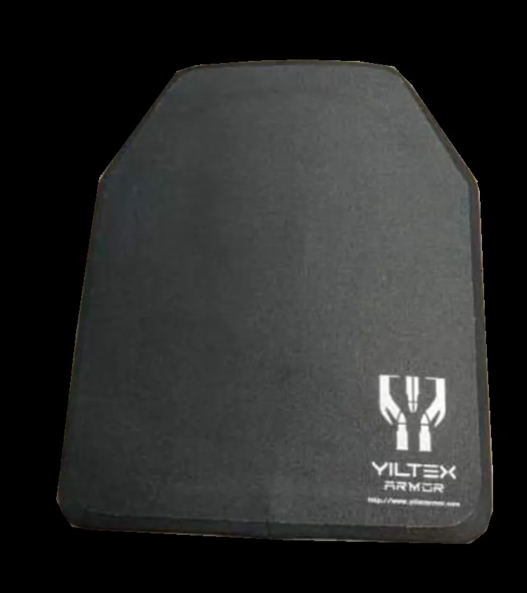 What is Yiltex Armor? Çorum-based ballistic protection brand 5 Black hard ballistic plate carrying the Yiltex Armor logo, rear face toward camera