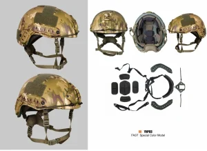 Multicam kamuflajlı FAST kesim balistik kask, yan ve iç görünümleriyle, YHP03 etiketli