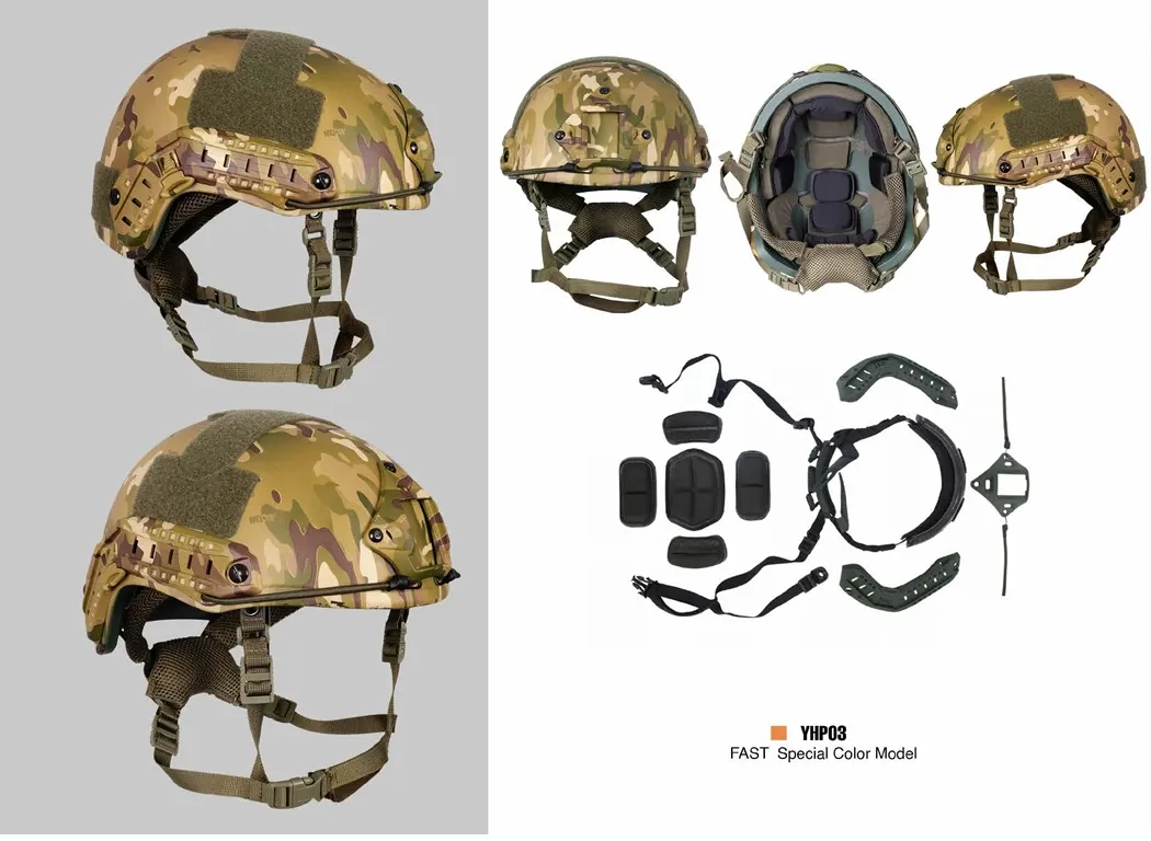 Multicam kamuflajlı FAST kesim balistik kask, yan ve iç görünümleriyle, YHP03 etiketli