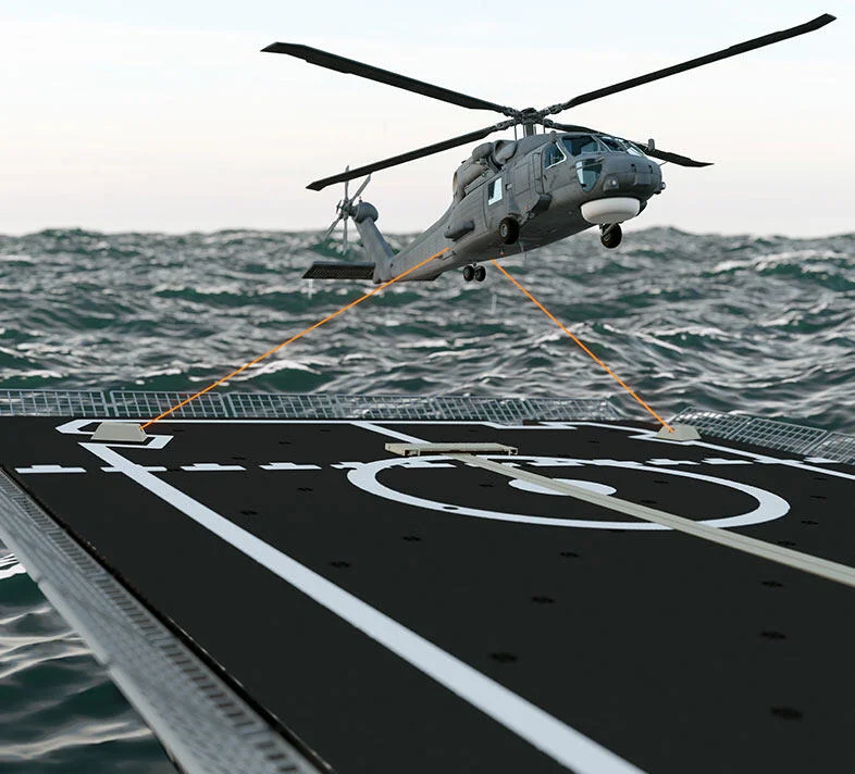 Kuşkapanı deck equipment tracking an SH-70 Seahawk on final approach to a frigate flight deck