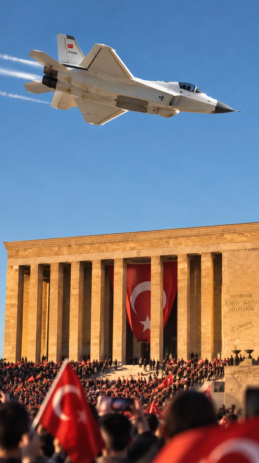 Yapay Zekâ ile Canlandırıldı: KAAN P1 Uçarsa Nasıl Görünür? 24 KAAN'ın Anıtkabir üzerinde tören uçuşu (AI kavramsal görsel)