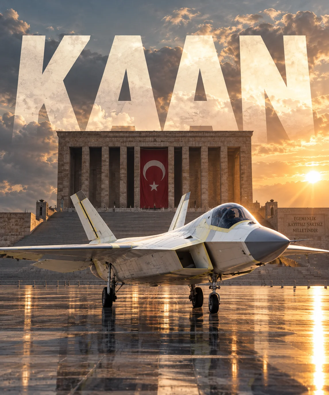 Yapay Zekâ ile Canlandırıldı: KAAN P1 Uçarsa Nasıl Görünür? 28 KAAN, Anıtkabir önünde statik teşhir kompozisyonu (AI kavramsal görsel)