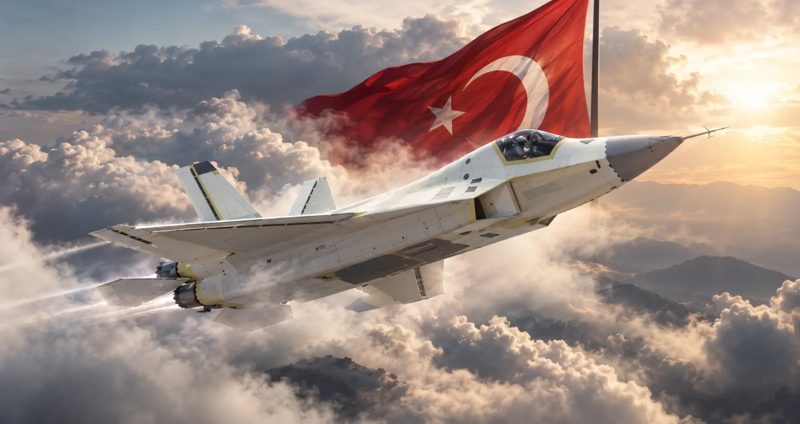 Yapay Zekâ ile Canlandırıldı: KAAN P1 Uçarsa Nasıl Görünür? 25 KAAN, dev Türk bayrağı önünde bulutların üzerinde (AI kavramsal görsel)