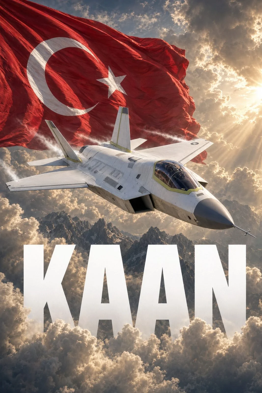 Yapay Zekâ ile Canlandırıldı: KAAN P1 Uçarsa Nasıl Görünür? 27 KAAN ve Türk bayrağı, dikey kompozisyon (AI kavramsal görsel)