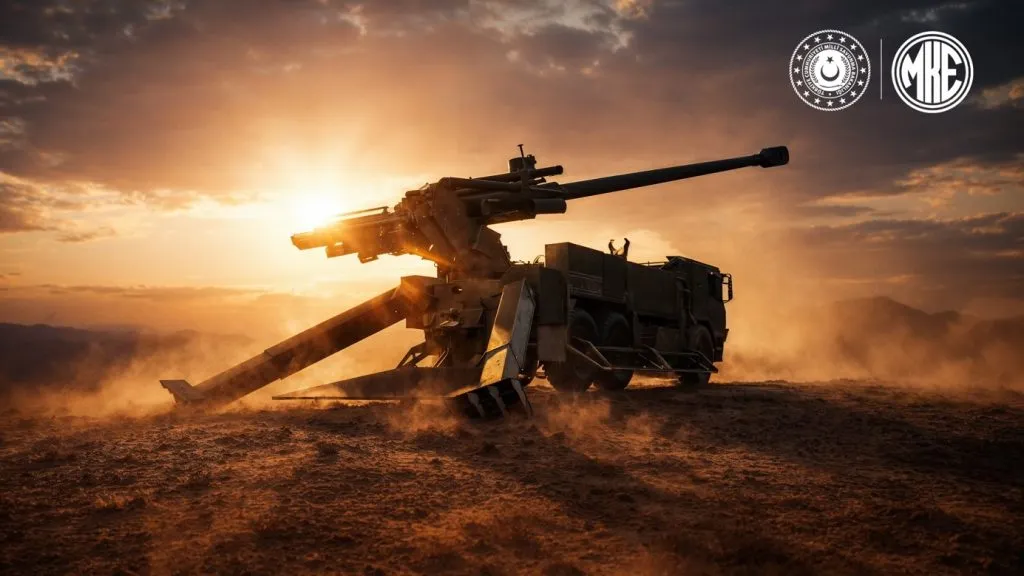 MKE ATTİLA 155 mm araç üstü obüs sistemi, gün batımında atış pozisyonunda