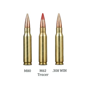 Beyaz zeminde M80, kırmızı uçlu M62 izli ve .308 WIN etiketli üç adet 7,62x51 mm fişek