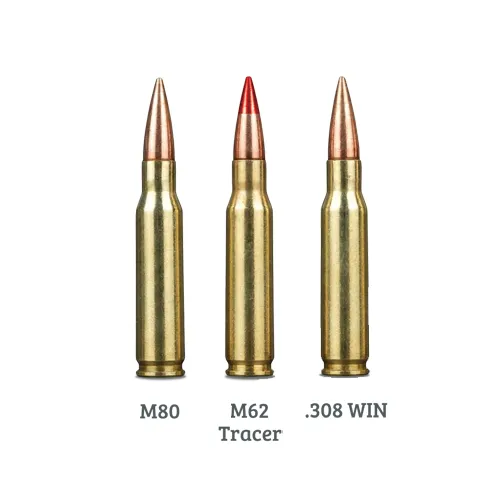 Beyaz zeminde M80, kırmızı uçlu M62 izli ve .308 WIN etiketli üç adet 7,62x51 mm fişek