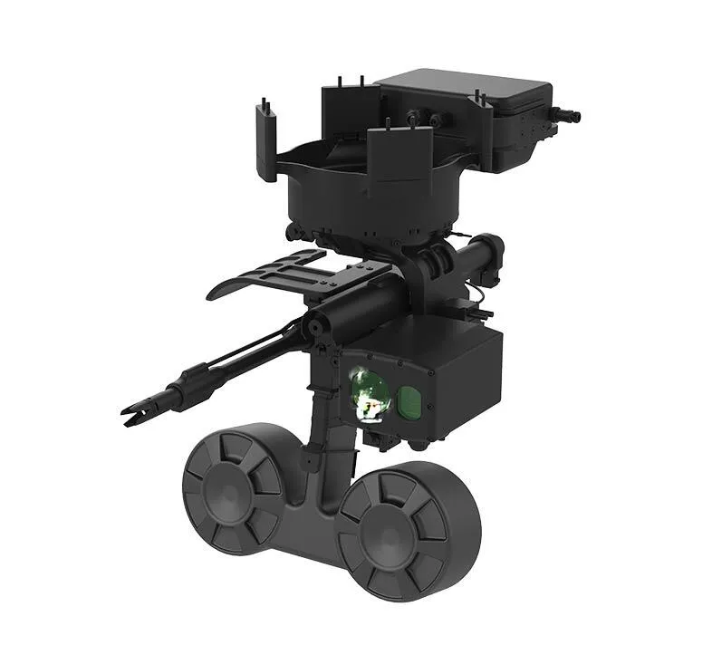 Front view of the pedestal: day camera, thermal camera and laser rangefinder sit in a single sensor block beside the KCR556 — official Altinay product photo