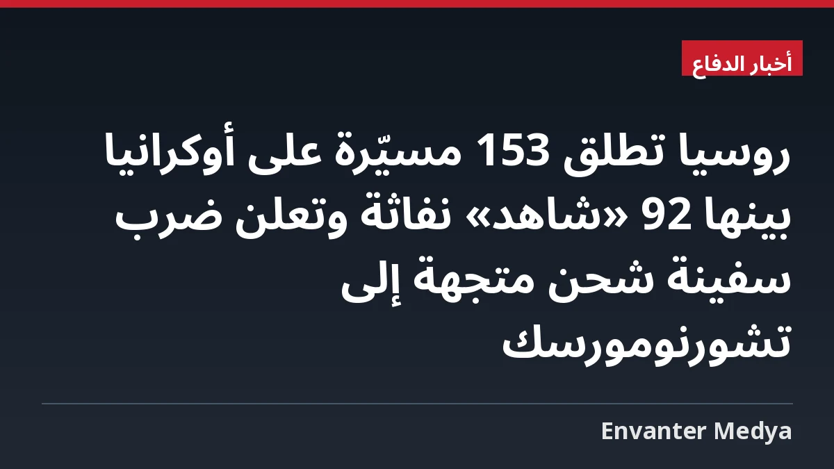 روسيا تطلق 153 مسيّرة على أوكرانيا بينها 92 «شاهد» نفاثة وتعلن ضرب سفينة شحن متجهة إلى تشورنومورسك